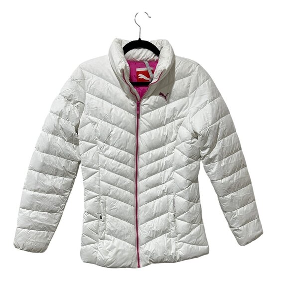 Puma White Down Puffer Jacket Sz S • Hot Pink Lining & Zipper • Short #560893 - Picture 1 of 7